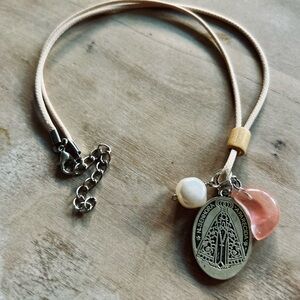 Silver Virgin Mary medal, Freshwater Pearl and Rose Quartz Pendant Necklace
